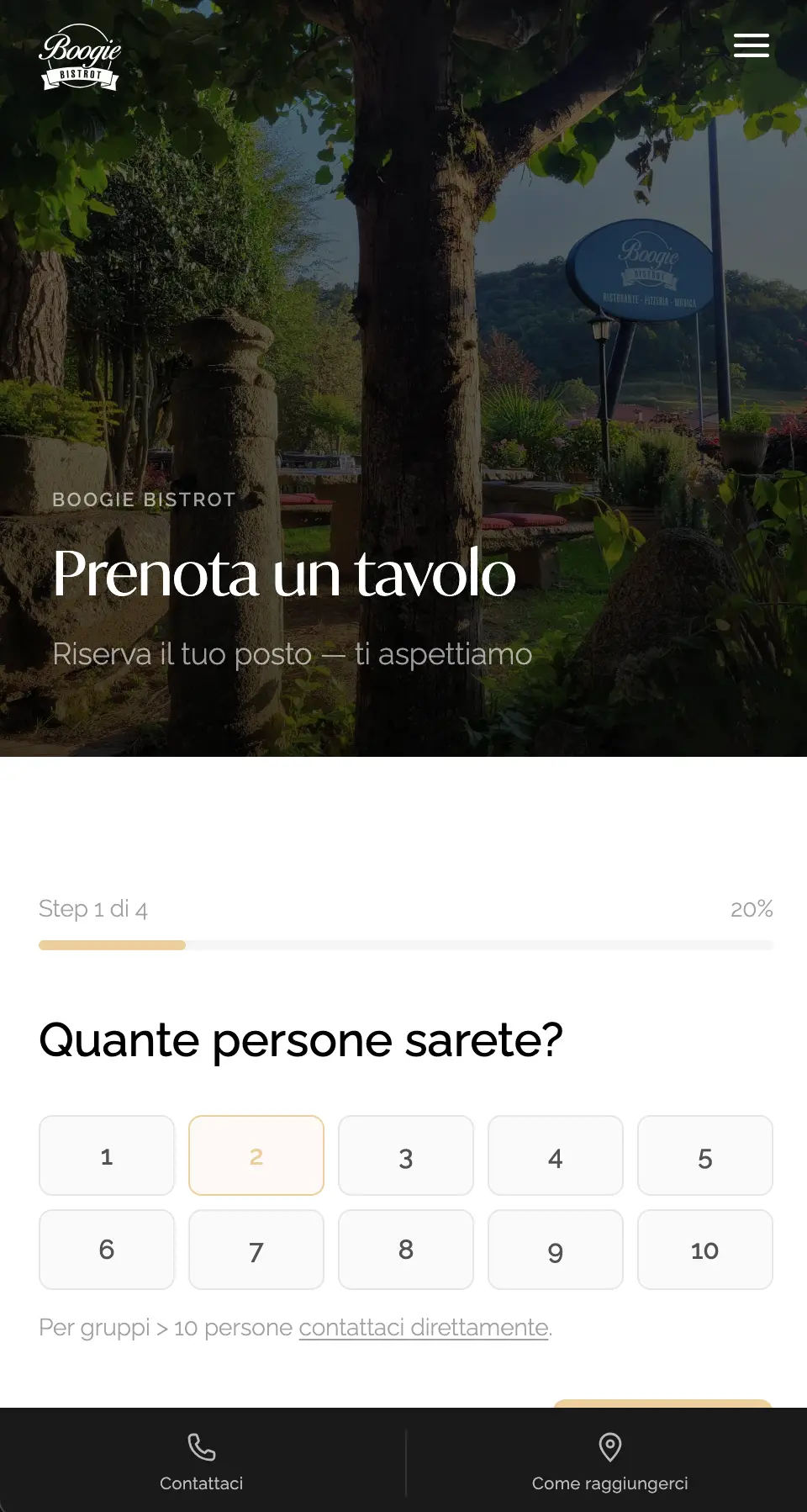 Pagina prenotazione — versione mobile